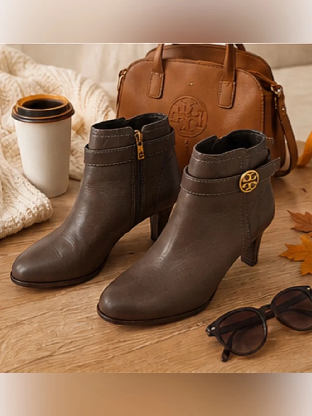 Tory Burch Women's Taupe Leather Ankle Booties Size 10M Gold Logo Side Zip Heel